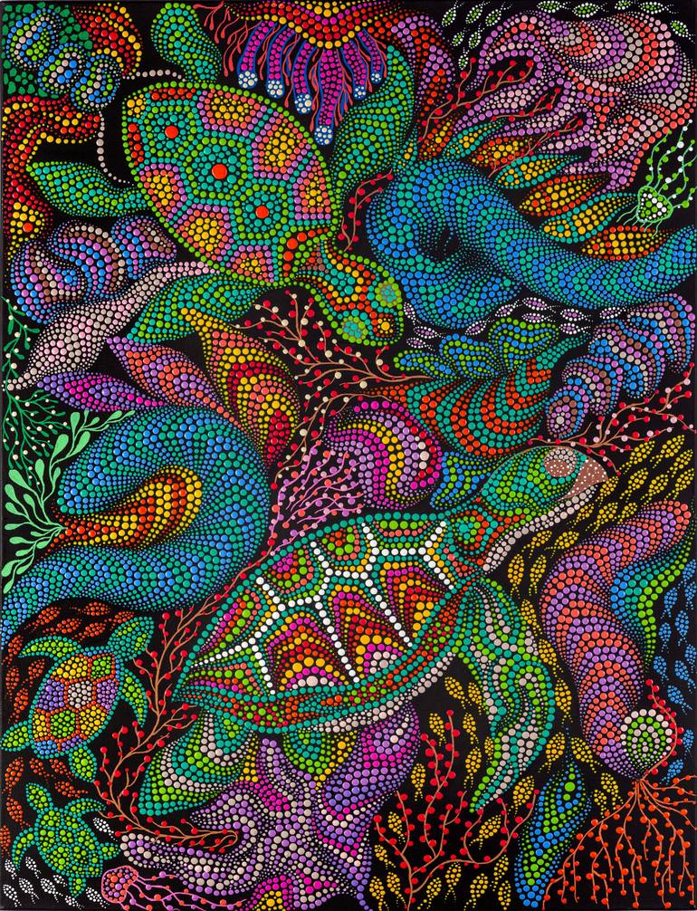 Original Seascape Printmaking by Oxana Lazari | Abstract Art on Canvas | Colorful Sea Turtle and Marine Life