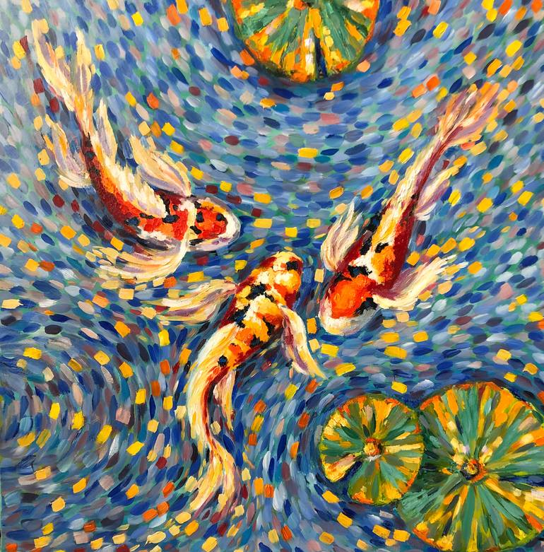 Woman Koi Fish Print, Oil Painting Print, Meditation Art, Koi Fish