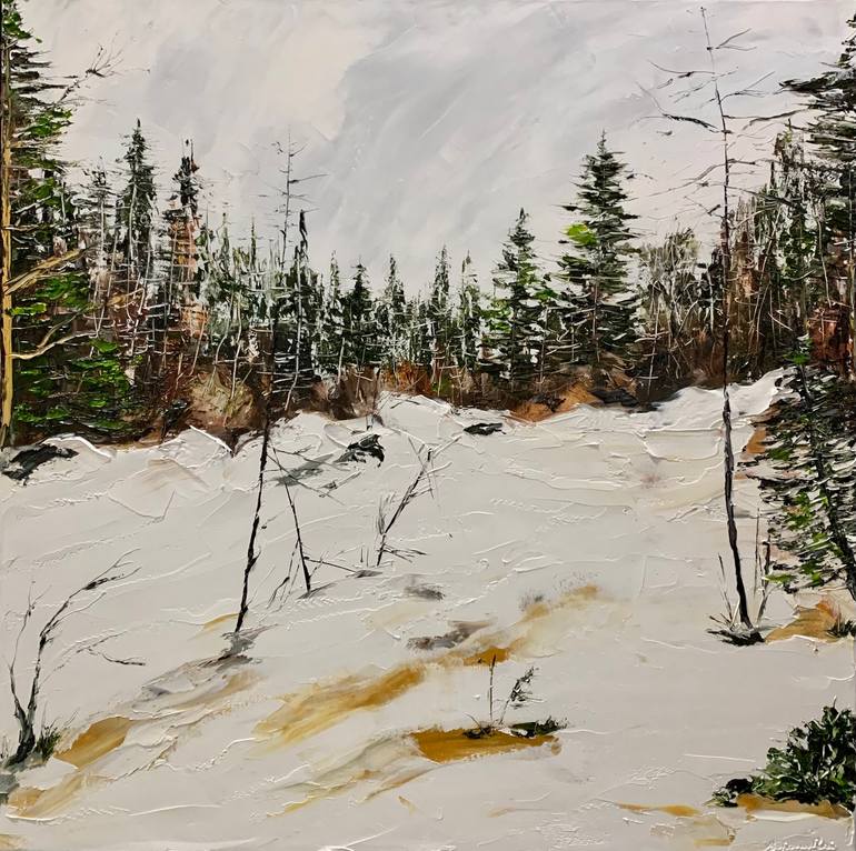 Whte Wnter: A Pantng of Snow Covered Ground wth Trees n the