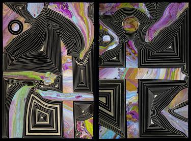 Metamorphosis, golden lines. Collage. Diptych thumb