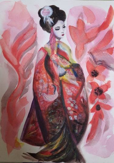 Japaneese woman in red kimono thumb