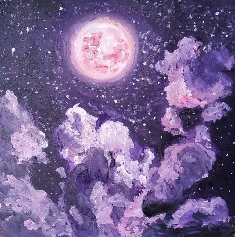 Wall Art Print Aesthetic Rose Clouds and Full Moon, Gifts & Merchandise