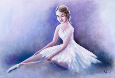 Little ballerina oil painting , PANTONE 17-3938 Very Peri, dancer girl, dance, ballet, white dress, female body, blonde hair, ballet shoes, flint periwinkle violet background, childhood, children, child room art, bedroom art, living Room art,wall art, gift. thumb