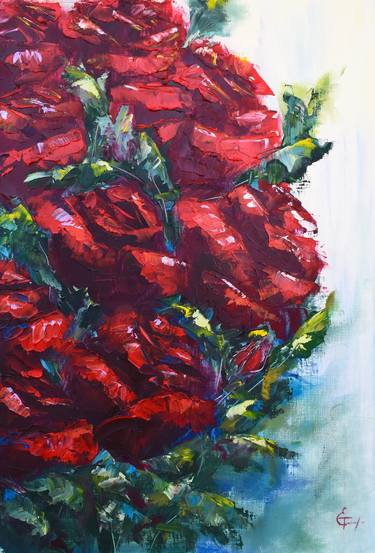 Red roses oil painting, impasto, scarlet colours, floral painting, botanic art, palette knife painting, still life, home decor, summer, interior design, wall art, bedroom art, living Room art, gift.. thumb