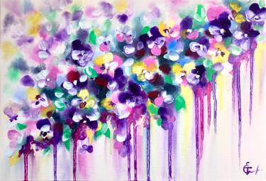 Pansy flowers oil painting,purple, periwrinkle, very peri,  floral wave, flowers landscape, abstract painting, summer, gift, home decor, wall art, bedroom art, living Room art, art deco. Magenta, violet, flamingo , lemon colours. thumb