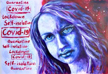 Sky blue girl watercolor acrylic portrait of covid-19 pandemic painting, scarlet magenta background, periwinkle, flint, silver, arctic background, white skin girl, body, people, fashion, luxury, love, lips, nude, gift, bedroom art, office decor, living room, club, restaurant design, interior design, wall art. thumb