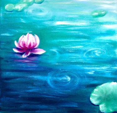 Water lily,reflection in emerald water,part 1, oil on canvas, flamingo magenta flowers, water, lake, green leaves, swimming, summer, waves, sun reflection, freshness, home decor, interior design, gift, bedroom art, living Room art, wall art, impressionism landscape painting. thumb