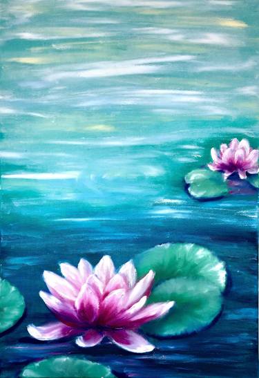 Water lily,reflection in emerald water,part 2, oil on canvas, flamingo magenta flowers, water, lake, green leaves, swimming, summer, waves, sun reflection, freshness, home decor, interior design, gift, bedroom art, living Room art, wall art, impressionism landscape painting. thumb
