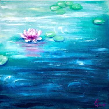 Water lily,reflection in emerald water,part 3, oil on canvas, flamingo magenta flowers, water, lake, green leaves, swimming, summer, waves, sun reflection, freshness, home decor, interior design, gift, bedroom art, living Room art, wall art, impressionism landscape painting. thumb