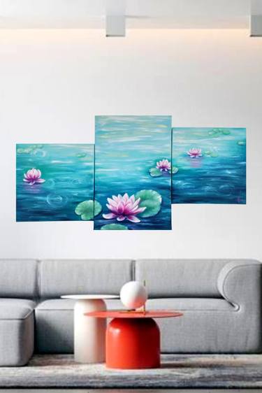 Water lily,reflection in emerald water,part 1+2+3, oil on canvas, flamingo magenta flowers, water, lake, green leaves, swimming, summer, waves, sun reflection, freshness, home decor, interior design, gift, bedroom art, living Room art, wall art, impressionism landscape painting. thumb