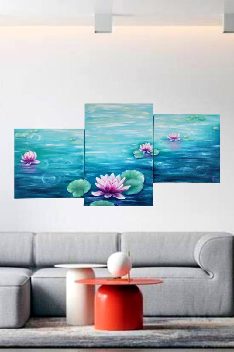 Water lily,reflection in emerald water,part 1+2+3, oil on canvas ...