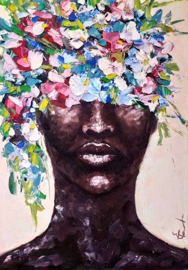 Pansy flowers head african woman oil portrait  painting, grey background, arctis purple color flowers,bright juicy colors, bronze skin, nude, body, people, black girl, woman, fashion, love, lips, bedroom art, living room, office decor, interior design, club decor, gift. thumb