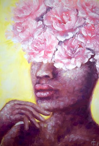 Peony flowers head african woman oil portrait  painting, lemon banana background, rouge flamingo blush color flowers,bright juicy colors, bronze skin, nude, body, people, black girl, woman, fashion, love, lips, bedroom art, living room, office decor, interior design, club decor, gift. thumb