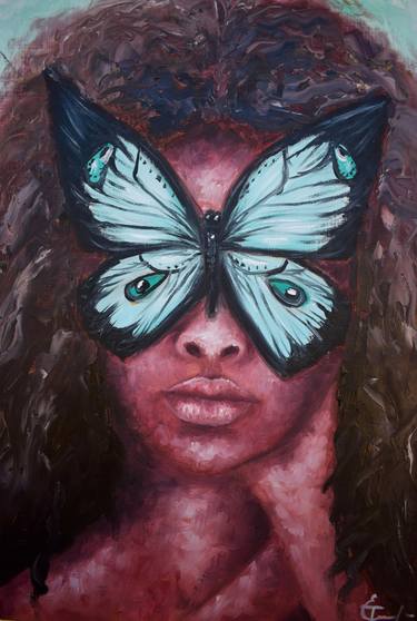 African curley hair girl oil portrait with emerald butterfly painting, sapphire seafoam background, bright juicy colors, curley hair, bronze skin, nude, body, people, black girl, woman, fashion, love, lips, bedroom art, living room, office decor, interior design, club decor, gift. thumb