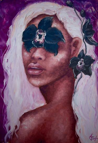 Frost blond african woman with black orchid oil portrait painting, purple violet plum magenta background, bright juicy colors, curley hair, bronze skin, nude, body, people, black girl, fashion, love, lips, bedroom art, living room, office decor, interior design, club decor, gift. thumb