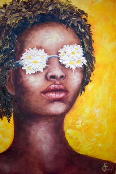 African woman oil portrait painting with daisy flowers sun glasses, canary dandelion lemon background, bright juicy colors, curley hair, bronze skin, nude, body, people, black girl, fashion, love, lips, bedroom art, living room, office decor, interior design, club decor, gift. thumb
