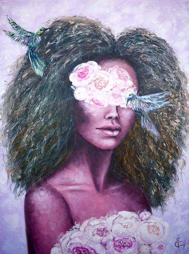 Curley hair woman oil portrait painting with peony and birds, PANTONE 17-3938 Very Peri, large canvas,  lavander background, periwinkle, flint, silver, black african girl, body, people, fashion, luxury, love, lips, peony flowers, nude, gift, bedroom art, office decor, living room, club, restaurant design, interior design, wall art. thumb