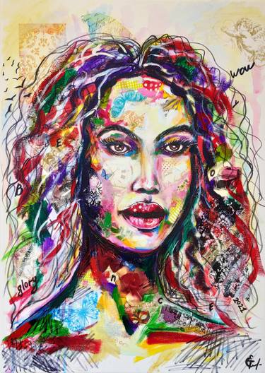 Beyonce Knowles pop art portrait painting, celebrity, rnb star, music, acrylic, watercolor, collage , large canvas, singer, woman, body, lips, love, black star, home decor, living room art, club decor, icon, gift. thumb