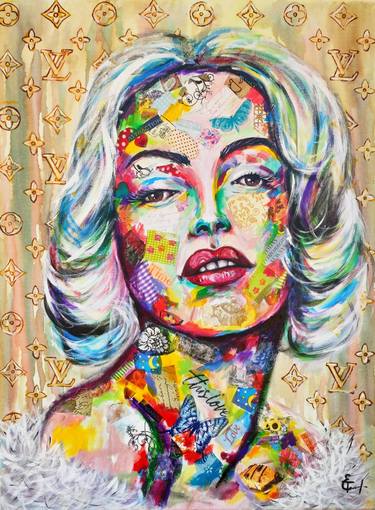 Marylin Monroe pop art painting, celebrity portrait, woman painting, popular culture, blonde girl, cinema, icon, fashion, luxury, Luis Vuitton, bright juicy colours, acrylic, watercolor, marker, collage , large canvas, bedroom art, living room, office decor, interior design, gift, wall art,club decor, restaurant decor. thumb
