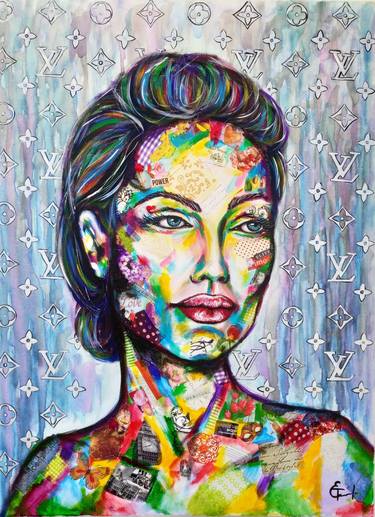 Angelina Jolie pop art painting, celebrity portrait, woman painting, popular culture, cinema, icon, fashion, luxury, Luis Vuitton, bright juicy colours, acrylic, watercolor, marker, collage , large canvas, bedroom art, living room, office decor, interior design, gift, wall art,club decor, restaurant decor. thumb