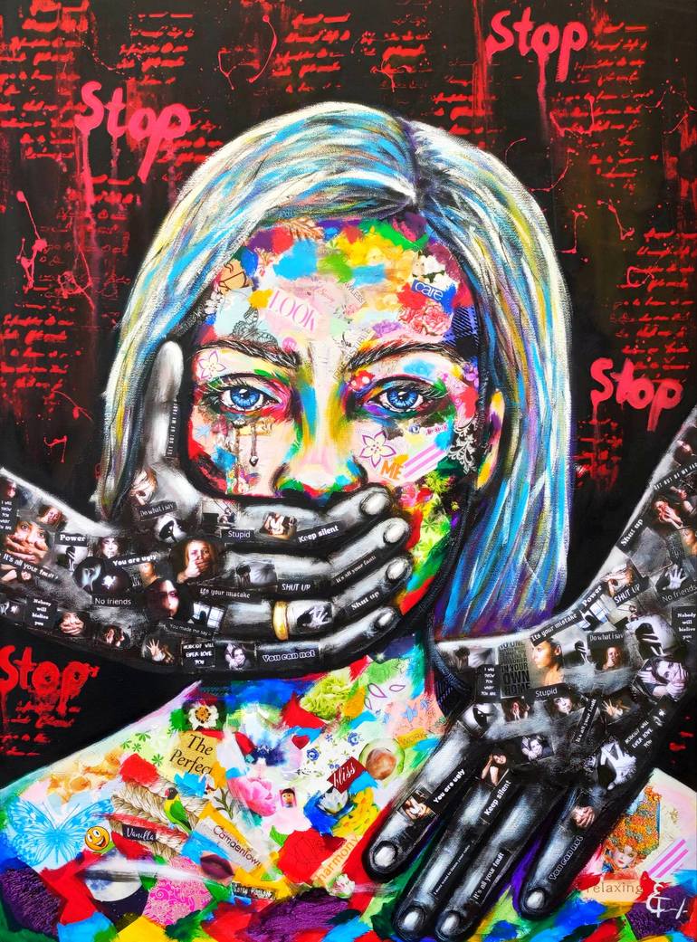 Crying woman pop art portrait with hand close mouth, stop domestic  violence, female support, feminism, female abuse, gold ring, blond hair,  scarlet black background,bright juicy colours, tears, body, nude, social  family problems,