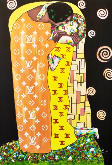 Kiss at starry night - pop art painting on large canvas, kissing couple, inspired by Gustave Klimt " Golden kiss" , Luis Vuitton Channel, wall art, decor, gift thumb