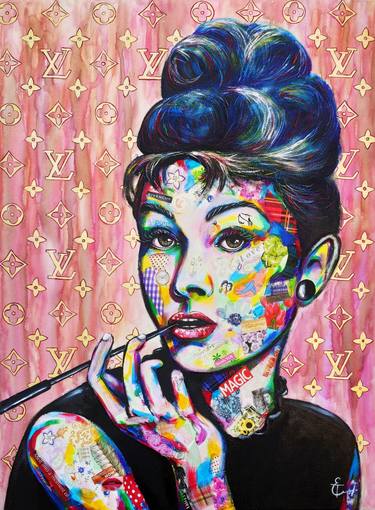 Audrey Hepburn pop art portrait painting, popular culture, celebrity, acrylic, watercolor, collage , large canvas, girl, love, little black dress, smoking woman, icon, fashion, feminism, female power, support woman,  luxury, Louis Vuitton background, bright juicy colours, bedroom art, office decor, living room, club restaurant wall art, gift, home interior. thumb