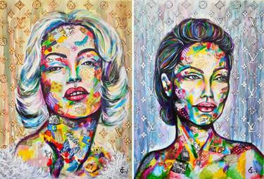 Pop art celebrity portrait painting diptych , Marylin Monroe, Angelina Jolie, Luis Vuitton background,fashion, icon, stile, cinema star, lips, body,nude, little black dress, smoking woman, lips, bright juicy colours, acrylic, watercolor, collage, home decor, bedroom art, living room design, club stile, office decor, Christmas gift. thumb