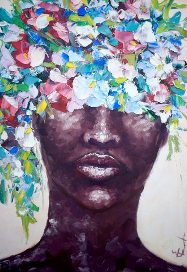 Pansy flowers head african woman oil portrait  painting, grey background, arctis purple color flowers,bright juicy colors, bronze skin, nude, body, people, black girl, woman, fashion, love, lips, bedroom art, living room, office decor, interior design, club decor, gift. thumb