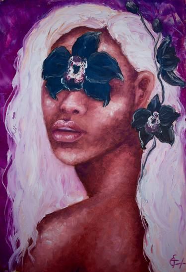 Periwrinkle blond african woman with black orchid oil portrait painting, purple violet plum magenta background, pantone 2022 very peri,  bright juicy colors, curley hair, bronze skin, nude, body, people, black girl, fashion, love, lips, bedroom art, living room, office decor, interior design, club decor, gift. Painting thumb