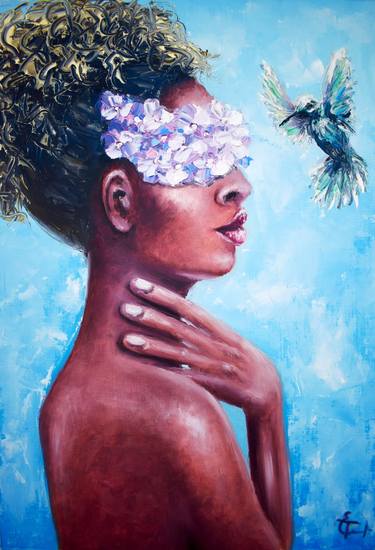 African woman oil portrait painting with bird and hortensia flowers on sky blue, arctic background, bright juicy colors, curvey hair, bronze skin, nude, body, people, black girl, fashion, hand, love, lips, bedroom art, living room, office decor, interior design, club decor, Christmas gift. Painting thumb