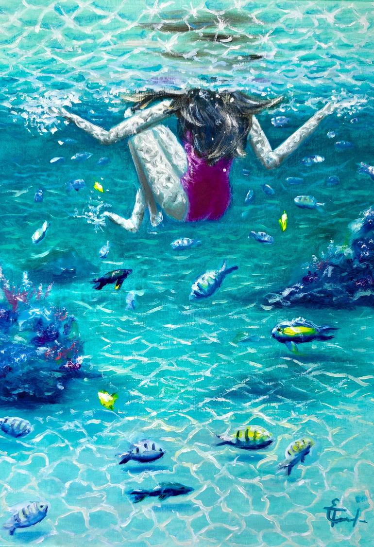 Girl swimming uder sea water, fish, corals, sand beach,waves, contemporary  art, Christmas gift, gift for