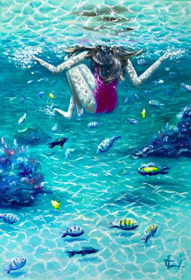 Girl swimming uder sea water, fish, corals, sand beach,waves, contemporary art, Christmas gift, gift for her, gift for him, wall art gift, home decor, interior design ideas, bedroom art, living Room art, office decor, swimming, ocean, diving, coral reef. thumb