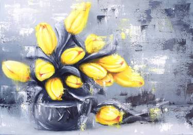 Yellow tulips spring bouquet oil still life painting in a ceramic vase, Flowers still life. Lemon canary tulips, fog flint charcoal grey background, contemporary art, botanic painting, oil on canvas, spring, gift, interior design, home decor, wall art, bedroom art, living Room art, office decor. Painting thumb