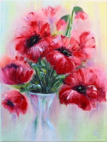 Red scarlet poppies bouquet in a ceramic vase oil painting still life with red flowers,roses,floral botanical illustration, contemporary art,impasto, Christmas gift,wall art, bedroom art,office decor. thumb