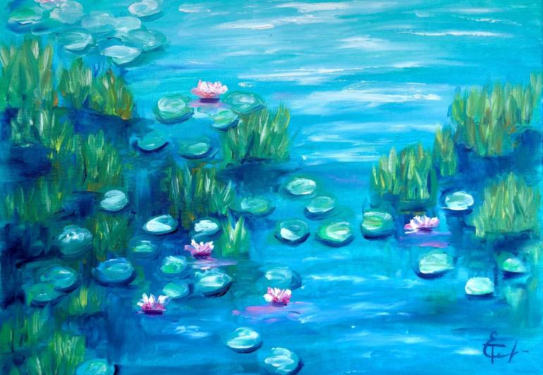 Landscape pond with Water lily flowers oil painting. Botanic