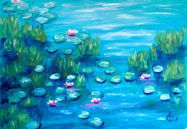 Landscape pond with Water lily flowers oil painting. Botanic, floral, lake, water, swimming, summer, green leaves, interior design, home decor, wall art, bedroom art, living room art, Christmas gift, Christmas art sale.. thumb