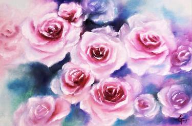 Hot pink roses oil painting,periwrinkle , pantone 2022 very peri,floral still life, botanic painting, jam magenta hot pink colours, arctic sap green background, summer, home decor, wall art, interior design, bedroom art, living Room art, office decor. thumb