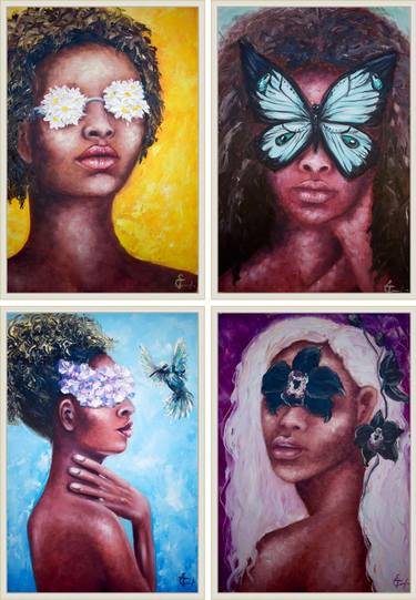 African woman oil portrait painting, quadriptych, gallery wall, with bird and hortensia, daisy flowers, orchids, butterfly, purple, emerald  sky blue, arctic background, bright juicy colors, curvey hair, bronze skin, nude, body, people, black girl, fashion thumb