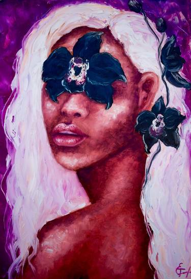 Periwinkle blond african woman with black orchid oil portrait large print on canvas, very peri, pantone 2022, purple violet plum magenta background, bright juicy colors, curley hair, bronze skin, nude, body, people, black girl, fashion, love, lips, bedroo - Limited Edition of 10 thumb