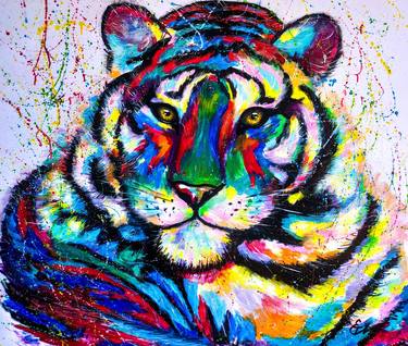 BRAVE Heart - Tiger pop art acrylic painting on large canvas, animals painting, colorful tiger painting, jungle, nature. thumb