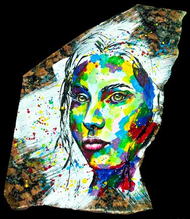 Treasure - street art,pop art woman face painting on granite stone. Free standing art object. thumb