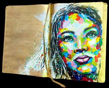 Hello diary. Pop art , street art woman face painting on book, colorful on gold, free standing art object.gift. thumb