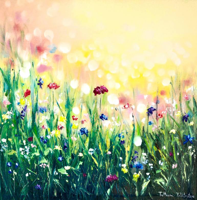 Shining morning. Wildflowers oil painting. - Print