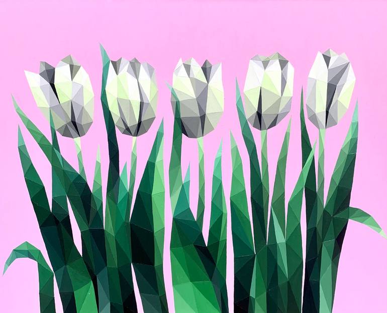 Original Floral Painting by Maria Tuzhilkina | Abstract Art on Canvas | WHITE TULIPS ON A PINK BACKGROUND