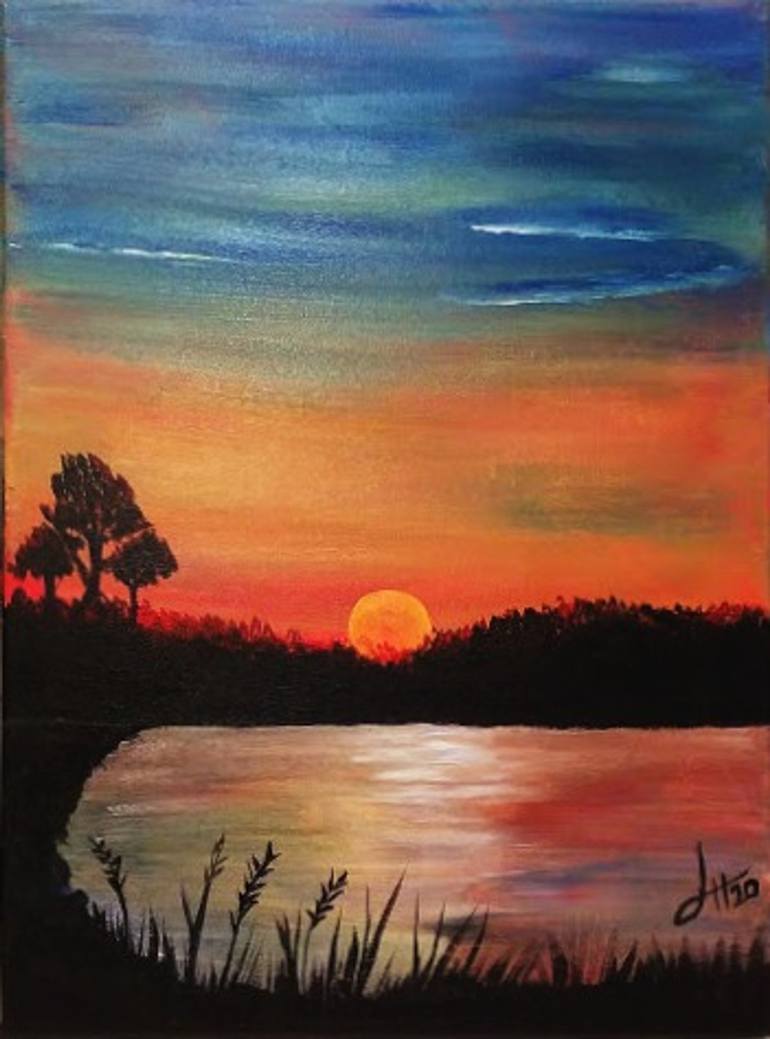 Sunset at the Lake Painting by Latifa Hachem Saatchi Art