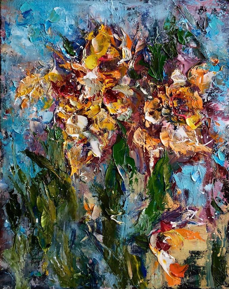 Coastal Flowers Abstract Oil Impasto Painting, Impressionist Painting, shops Rustic Ch