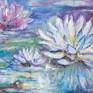 This is the first painting of my water-lilies collection.

I tried to show the play of colors and lights on the water surface -
Transparency, layering, movement, fluidity, the multiplicity of water is so exciting. There is a whole world below the surface and you can only get a glimpse of it.

This painting is equipped with a suspension system, varnished and ready to hang. It is painted on the side, so there is no additional frame needed.