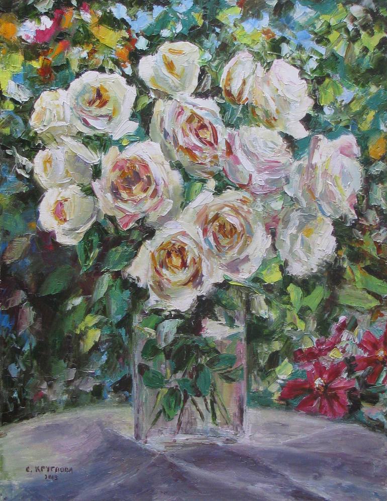 White roses in the garden Painting by Svetlana Kruglova | Saatchi Art