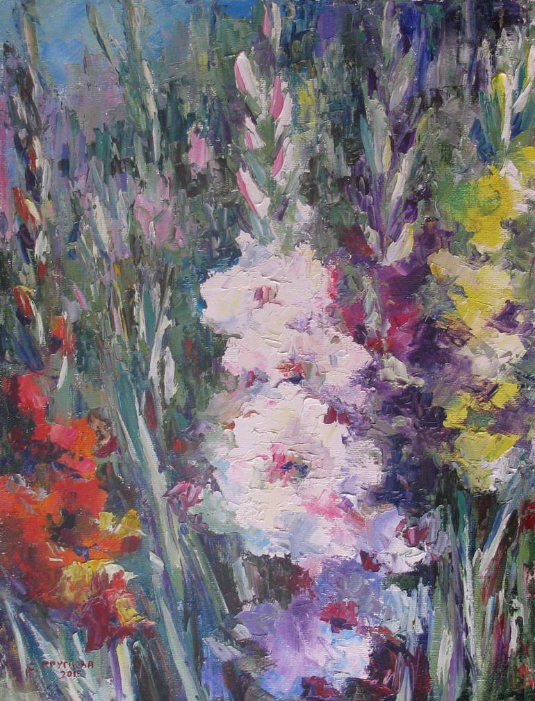 Gladioli in the garden Painting by Svetlana Kruglova | Saatchi Art